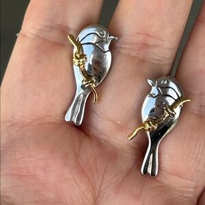Vintage Sterling Silver and Gold Signed Bird Clip-On Earrings